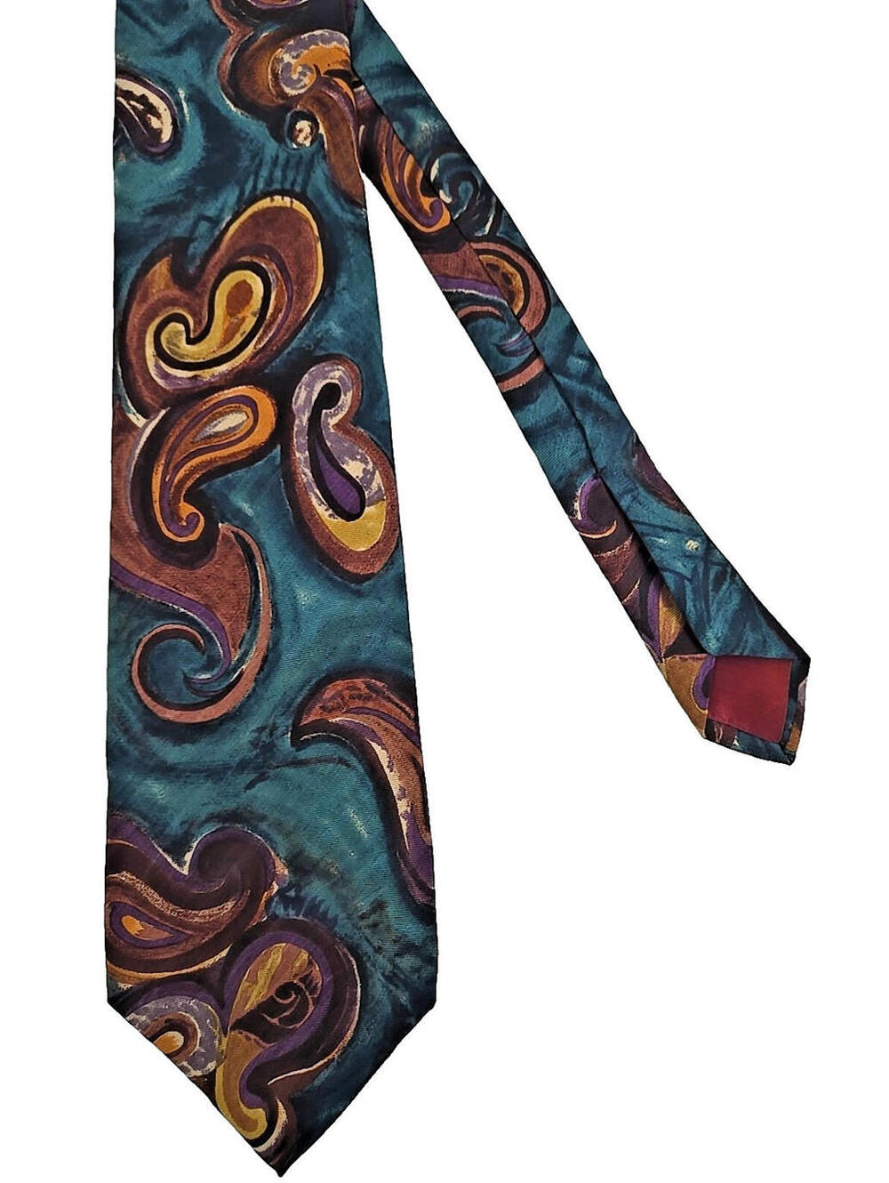 LIBERTY of London Brown Gold Green Woven Freeform Paisley Print Silk Neck Tie